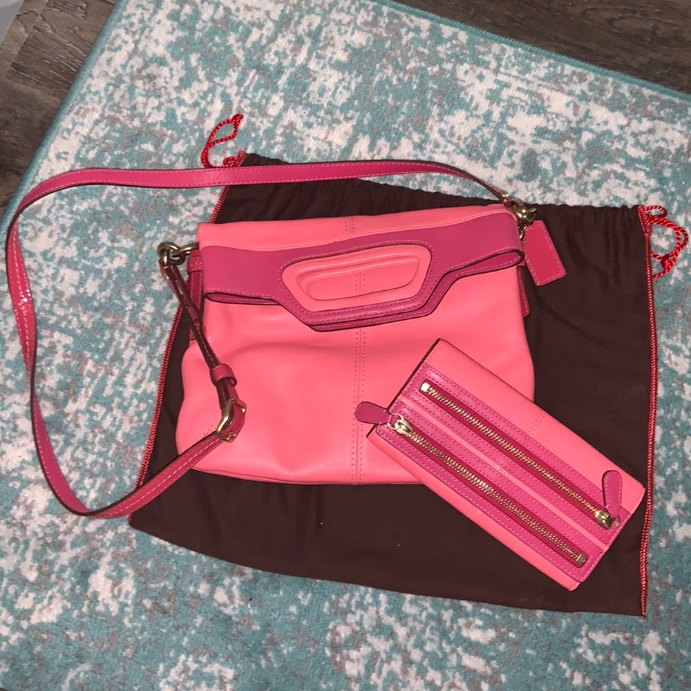 Coach Bonnie Foldover Coral/Fushia Leather purse/wallet Combo